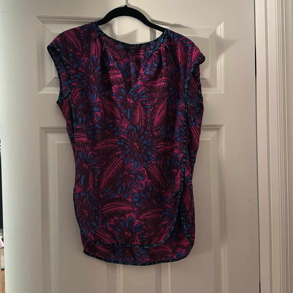 JCrew fuchsia and turquoise sleeveless floral print silk blouse size 4 - Picture 4 of 8